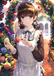 Rule 34 | 1girl, apron, arch, bench, blue flower, blue ribbon, blue rose, blurry, bow, collared dress, dappled sunlight, day, depth of field, dress, floral arch, flower, frilled apron, frills, garden, hair bow, highres, holding, holding flower, long sleeves, looking at viewer, low twintails, maid, maid apron, maid headdress, neck ribbon, orange flower, orange rose, original, park bench, parted lips, pavement, purple eyes, purple flower, purple rose, red flower, red rose, ribbon, rose, sankareien, solo, striped, striped bow, sunlight, twintails, upper body, white apron, yellow flower, yellow rose