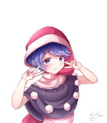 Rule 34 | 1girl, black dress, black sleeves, blue eyes, blue hair, blush, closed mouth, doremy sweet, double v, dress, evermythic, hands up, hat, highres, looking at viewer, pink hat, pom pom (clothes), short hair, short sleeves, signature, simple background, smile, solo, touhou, upper body, v, white background, white dress