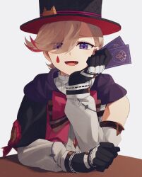 Rule 34 | 1boy, bishounen, black gloves, card, genshin impact, gloves, grey hair, hat, highres, lyney (genshin impact), male focus, multicolored hair, nekorin chu, open mouth, playing card, purple eyes, red hair, red ribbon, ribbon, simple background, sitting, solo, streaked hair, table, top hat, white background