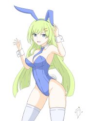 Rule 34 | 1girl, :3, absurdres, animal ears, arm up, assault lily, bare shoulders, blue eyes, blue hairband, blue leotard, blue necktie, breasts, cat, commentary, covered navel, detached collar, fake animal ears, fake tail, ghost, gluteal fold, green hair, groin, hair ornament, hairband, hairclip, halo, hand up, highleg, highleg leotard, highres, kawabata hotaru, leotard, long hair, looking at viewer, medium breasts, necktie, parted lips, playboy bunny, rabbit ears, rabbit tail, simple background, smile, solo, standing, strapless, strapless leotard, tail, thighhighs, tsukimizake, very long hair, white background, white thighhighs, wrist cuffs