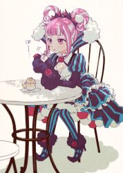 Rule 34 | 1girl, blue dress, blunt bangs, chair, cup, dress, facial mark, fire emblem, fire emblem engage, flower, hair rings, heart, heart facial mark, hortensia (fire emblem), juliet sleeves, kszm fe, long sleeves, multicolored hair, nintendo, on chair, parted lips, pink eyes, pink hair, puffy sleeves, red flower, red rose, rose, sitting, solo, table, teacup, two-tone hair