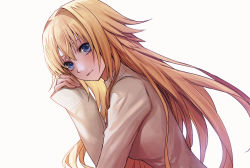 Rule 34 | 1girl, applekun, blonde hair, blue eyes, blush, closed mouth, fate/apocrypha, fate (series), from side, hair intakes, jeanne d&#039;arc (fate), jeanne d&#039;arc (ruler) (fate), long hair, long sleeves, nail polish, simple background, sleeves past wrists, smile, solo, sweater, very long hair, white background, white sweater