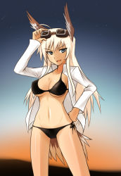Rule 34 | 1girl, ahoge, animal ears, bad id, bad pixiv id, bikini, black bikini, blonde hair, blue eyes, goggles, hanna-justina marseille, head wings, long hair, open clothes, open shirt, shirt, side-tie bikini bottom, solo, strike witches, swimsuit, tail, wings, witches of africa, world witches series
