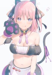 Rule 34 | 1girl, 6u (eternal land), :q, alternate costume, animal ears, animal hands, apron, bandeau, bare shoulders, bell, black skirt, blue eyes, breasts, cat ears, cat girl, cat tail, cleavage, closed mouth, collarbone, crop top, detached collar, detached sleeves, enmaided, gloves, go-toubun no hanayome, hair ornament, hand up, jingle bell, large breasts, looking at viewer, maid, maid apron, midriff, miniskirt, nakano nino, navel, neck ribbon, paw gloves, pink hair, puffy short sleeves, puffy sleeves, purple ribbon, ribbon, short hair, short sleeves, simple background, skirt, smile, solo, stomach, strapless, tail, tail ornament, tail raised, tail ribbon, tongue, tongue out, tube top, twitter username, two side up, upper body, waist apron, white background