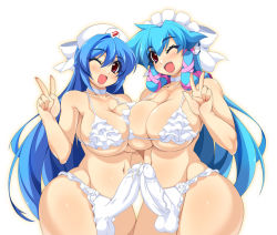 Rule 34 | 2girls, ;d, aqua hair, blue hair, blush, bra, breasts, bulge, cleavage, curvy, elzikyuchi, futa with futa, futanari, hat, headdress, huge breasts, large penis, long hair, looking at viewer, maid, maid headdress, mel/a, multiple girls, multiple penises, navel, newhalf, nurse, one eye closed, open mouth, panties, penis, red eyes, simple background, smile, testicles, thick thighs, thighs, third-party edit, underwear, veins, veiny penis, white background, wide hips