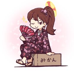 Rule 34 | ;), black eyes, box, brown hair, cardboard box, closed mouth, collared shirt, comb, commentary request, employee (project moon), floral print, hand fan, hatake shimeji, holding, holding fan, jinbei (clothes), lobotomy corporation, long hair, long sleeves, necktie, no nose, on box, one eye closed, ponytail, project moon, sandals, shirt, sitting, sitting on box, smile, translation request, v-shaped eyebrows, white necktie, white shirt
