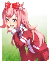 Rule 34 | 1girl, agnes digital (umamusume), animal ears, blue eyes, blush, bow, commentary request, drooling, hair bobbles, hair bow, hair ornament, highres, horse ears, horse girl, jacket, long hair, long sleeves, open mouth, pink hair, red bow, red jacket, red shorts, red track suit, shorts, solo, thin (suzuneya), tracen training uniform, track jacket, track suit, turtleneck, twintails, umamusume