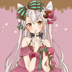 Rule 34 | 1girl, alternate costume, amatsukaze (kancolle), bow, box, brown eyes, cocoperino, dress, flower, hair bow, hair flower, hair ornament, heart, index finger raised, jewelry, kantai collection, long hair, looking at viewer, necklace, pearl necklace, pink dress, rose, silver hair, solo, striped, striped background, tongue, tongue out, two side up, upper body