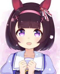Rule 34 | 1girl, :d, animal ears, blunt bangs, blush, bow, brown hair, clenched hands, collarbone, commentary, ear covers, gradient background, hair ornament, hair ribbon, hairband, hairclip, hands up, happy, horse ears, ixia (ixia424), looking at viewer, nishino flower (umamusume), open mouth, pink hairband, portrait, purple bow, purple eyes, purple shirt, ribbon, sailor collar, school uniform, shirt, short hair, smile, solo, tracen school uniform, umamusume, white sailor collar, x hair ornament