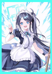 Rule 34 | 1girl, absurdres, apron, aris (blue archive), aris (maid) (blue archive), black dress, black hair, black wristband, blue archive, blue border, blue eyes, blue halo, blue ribbon, border, collared dress, commentary request, dress, halo, hand up, higetsuji-nozomu, highres, long hair, looking at viewer, maid apron, maid headdress, neck ribbon, official alternate costume, open mouth, ponytail, puffy short sleeves, puffy sleeves, ribbon, short sleeves, smile, solo, teeth, upper teeth only, white apron
