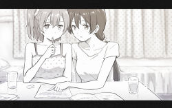 Rule 34 | 2girls, book, cup, curtains, drinking glass, elbows on table, eraser, greyscale, holding, holding pencil, homework, indoors, kosaka honoka, letterboxed, long hair, love live!, love live! school idol project, lying, mechanical pencil, monochrome, multiple girls, on side, open book, paper, pen to mouth, pencil, pointing, ponytail, shibasaki shouji, shirt, short hair, short sleeves, sonoda umi, spaghetti strap, sweatdrop, table, v-neck
