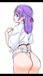 Rule 34 | ass, blue eyes, blunt bangs, bow, cowboy shot, from behind, fundoshi, hair bow, hair ribbon, half updo, highres, japanese clothes, kaguya madoka, kuppipi ramutarou, letterboxed, looking at viewer, looking back, mizu happi, precure, purple hair, red ribbon, ribbon, simple background, solo, star twinkle precure, white background