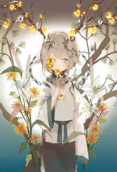Rule 34 | 1girl, antlers, black pants, braid, branch, brown background, covering own mouth, dandelion, flower, glowing, glowing flower, gradient background, green eyes, grey background, hair ornament, hairclip, hand up, horns, leaf, lily (flower), long sleeves, looking at viewer, multicolored background, nail polish, nekoniku (neko 1013), one eye covered, original, pants, shirt, sidelocks, solo, standing, twin braids, white background, white hair, white shirt, wide sleeves, yellow flower