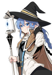 Rule 34 | 1girl, absurdres, black hat, black skirt, blue eyes, blue hair, blush, braid, brown cloak, chubb, cloak, closed mouth, crossed bangs, hair between eyes, hat, highres, holding, holding staff, long hair, looking at viewer, mage staff, mushoku tensei, roxy migurdia, sidelocks, simple background, skirt, smile, solo, staff, twin braids, white background, witch hat, wrist cuffs