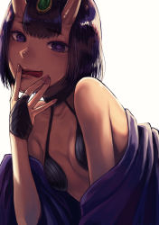 Rule 34 | 1girl, absurdres, black choker, bob cut, breasts, bridal gauntlets, choker, fate/grand order, fate (series), finger to mouth, fingernails, gem, hair ornament, highres, horns, lips, looking at viewer, nail polish, off shoulder, oni, pink nails, purple eyes, purple hair, raito (latek), revealing clothes, short hair, shuten douji (fate), simple background, skin-covered horns, small breasts, solo, tongue, tongue out, upper body, white background