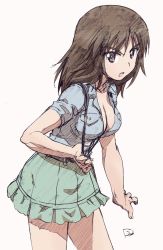 Rule 34 | 1girl, aoshidan school uniform, bad id, bad twitter id, blue shirt, breasts, brown eyes, brown hair, cleavage, cowboy shot, erakin, girls und panzer, green skirt, highres, long hair, looking at viewer, medium breasts, miniskirt, murakami (girls und panzer), open mouth, overalls, pleated skirt, school uniform, shirt, short sleeves, signature, simple background, skirt, solo, standing, white background