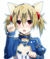 Rule 34 | 10s, 1girl, alternate costume, animal ears, bad id, bad pixiv id, blonde hair, blush, cat ears, hair bobbles, hair ornament, keita (tundereyuina), looking at viewer, open mouth, paw pose, red eyes, short twintails, silica, silica (sao-alo), solo, sword art online, twintails, upper body, white background