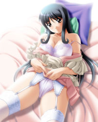 Rule 34 | 1girl, bed, black hair, blue hair, bra, breasts, brown eyes, cleavage, clothes lift, garter belt, karasawa mika, lace, lace-trimmed legwear, lace bra, lace trim, large breasts, lingerie, long hair, maid in oshigoto, miyata sou, panties, pillow, skirt, skirt lift, solo, spread legs, thighhighs, thighs, underwear, upskirt, white panties, white thighhighs