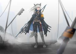 Rule 34 | 1girl, absurdres, animal ears, arknights, armband, armor, gloves, grani (arknights), greaves, grey eyes, highres, hip vent, holding, holding polearm, holding spear, holding weapon, horse ears, long coat, medal, pants, polearm, ponytail, silver hair, smile, solo, spear, su (septyanss), weapon