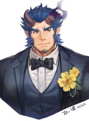 Rule 34 | 1boy, absurdres, bad id, bad twitter id, bara, beard stubble, black bow, black bowtie, blue hair, boutonniere, bow, bowtie, broken horn, closed mouth, dark blue hair, demon boy, demon horns, facial hair, fang, fiery horns, flower, formal, highres, horns, long sideburns, male focus, mature male, red eyes, scar, sdz (inazuma), shirt, sideburns, solo, stubble, suit, takemaru (housamo), thick eyebrows, tokyo houkago summoners, waistcoat, white shirt