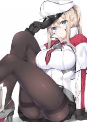 Rule 34 | 10s, 1girl, black gloves, black pantyhose, blonde hair, blue eyes, blue gk, blush, breasts, capelet, female focus, gloves, graf zeppelin (kancolle), hat, highres, kantai collection, large breasts, long hair, miniskirt, panties, pantyhose, peaked cap, simple background, sitting, skirt, smile, solo, twintails, underwear, white background