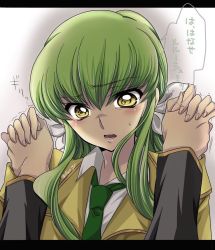 Rule 34 | 1girl, bad id, bad pixiv id, blush, c.c., code geass, green hair, hair ribbon, holding hands, izumo neko, looking at viewer, necktie, open mouth, out of frame, ribbon, solo focus, sweat, tears, translation request, yellow eyes