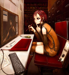 Rule 34 | bike shorts, book, bookshelf, boots, detached sleeves, drawing tablet, eraser, finger to mouth, framed, hair ornament, hairclip, highres, keyboard (computer), knee boots, mechanical pencil, mouse (computer), naoki (naoieo), oekaki musume, original, pencil, picture frame, red eyes, red hair, short hair, sitting, skirt, solo, thighhighs, thinking, tiles, zettai ryouiki