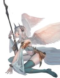 Rule 34 | 1girl, angel wings, armor, bare shoulders, feathered wings, highres, horns, kneeling, lipstick, long hair, makeup, makitoshi0316, navel, original, parted lips, red eyes, red lips, see-through, silver hair, simple background, solo, weapon, white background, wings