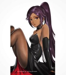 Rule 34 | 1girl, absurdres, alternate costume, arm support, artist name, bare shoulders, black choker, black dress, black gloves, bleach, breasts, brown pantyhose, choker, commentary, dark-skinned female, dark skin, dress, elbow gloves, english commentary, gloves, gradient background, highres, knees up, large breasts, long hair, looking at viewer, notgustiarp, open mouth, pantyhose, parted bangs, partially fingerless gloves, ponytail, purple hair, shihouin yoruichi, simple background, sitting, solo, yellow eyes