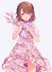 Rule 34 | 1girl, achiki, branch, brown hair, cherry blossoms, dress, flower, open mouth, original, petals, pink eyes, smile, solo