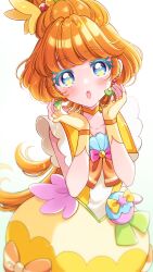Rule 34 | 1girl, absurdres, blue eyes, choker, colored eyelashes, commentary request, cure papaya, dress, earrings, eyelash ornament, fingerless gloves, gloves, hair ornament, heart, heart in eye, highres, ichinose minori, jewelry, kuzumochi, magical girl, mismatched eyelashes, open mouth, orange hair, precure, shell brooch, skirt, symbol in eye, thick eyelashes, triangle earrings, tropical-rouge! precure, white background, yellow choker, yellow dress, yellow gloves