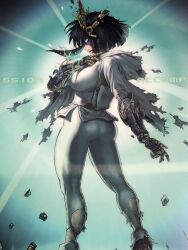 Rule 34 | 1girl, artist request, ass, black hair, breasts, commentary request, highres, hood, hoodie, large breasts, mask, mechanical arms, natsume, ninja, no pupils, official art, retro artstyle, robot, short hair, shortstack, solo, tengo project, the ninja warriors, the ninja warriors once again, torn clothes, white hoodie, yaksha (the ninja warriors)