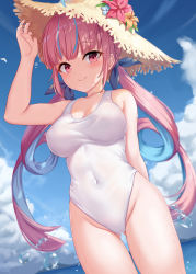 Rule 34 | 1girl, air bubble, bare shoulders, blue sky, blunt bangs, blush, bow, breasts, bubble, closed mouth, cloud, collarbone, covered navel, cowboy shot, day, drill hair, flower, gluteal fold, hair bow, hand up, hat, highres, hololive, leotard, long hair, long sleeves, looking at viewer, medium breasts, milkshakework, minato aqua, multicolored hair, navel, one-piece swimsuit, outdoors, pink hair, sidelocks, sky, smile, solo, standing, swimsuit, thighs, twintails, two-tone hair, virtual youtuber, water, wet, white leotard, white one-piece swimsuit