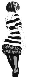 Rule 34 | 1girl, frills, from behind, gathers, greyscale, image sample, long image, looking back, miniskirt, monochrome, pantyhose, pixiv sample, shirt, short hair, short sleeves, simple background, skirt, solo, sousou (sousouworks), striped clothes, striped shirt, tall image, white background