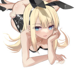 Rule 34 | 1girl, animal ears, ass, bare arms, bare legs, bare shoulders, black footwear, black hairband, black leotard, blonde hair, blue eyes, blush, breasts, cleavage, collarbone, fake animal ears, fake tail, fate (series), hairband, high heels, kesoshirou, leotard, looking at viewer, lord el-melloi ii case files, lying, parted lips, playboy bunny, rabbit ears, rabbit tail, reines el-melloi archisorte, sidelocks, simple background, smile, solo, strapless, strapless leotard, tail, twisted torso, white background