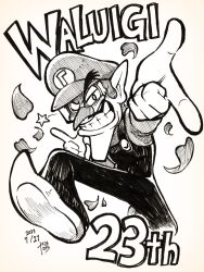 Rule 34 | 1boy, anniversary, big nose, buttons, cabbie hat, character name, commentary request, dated, facial hair, full body, greyscale, half-closed eye, hat, highres, ink (medium), long sleeves, looking at viewer, male focus, mario (series), monochrome, mustache, nintendo, one eye closed, open mouth, overalls, petals, pointing, pointing at viewer, pointy ears, pointy footwear, pointy nose, shirt, shoes, short hair, signature, smirk, snapping fingers, solo, star (symbol), teeth, traditional media, waluigi, yamato koara