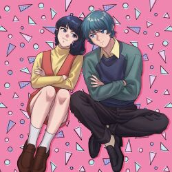 Rule 34 | 1boy, 1girl, black eyes, black footwear, black hair, black pants, blue eyes, blue hair, brown footwear, closed mouth, collared shirt, commentary request, couple, crossed arms, dress, fa yuiry, gundam, heads together, hetero, highres, invisible chair, kamille bidan, kogetoriten 999, loafers, long sleeves, medium hair, orange dress, pants, raglan sleeves, shirt, shoes, short hair, sitting, smile, socks, sweater, white socks, yellow shirt, yellow sweater, zeta gundam