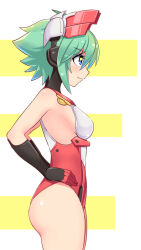 Rule 34 | 1girl, azure striker gunvolt, blue eyes, breasts, closed mouth, commentary, cougar (cougar1404), cowboy shot, green hair, hand on own hip, headgear, leotard, looking to the side, medium breasts, red headwear, red leotard, roro (gunvolt), short hair, sleeveless, smile, solo, standing