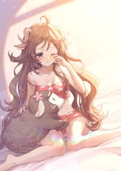 Rule 34 | 1girl, ;o, ahoge, animal ears, arknights, bare arms, bare shoulders, barefoot, bed sheet, brown hair, camisole, collarbone, commentary request, eyjafjalla (arknights), feet out of frame, gogatsu fukuin, highres, horns, long hair, looking at viewer, one eye closed, parted lips, red camisole, red eyes, red shorts, sheep ears, sheep horns, short shorts, shorts, sitting, sleepy, solo, strap slip, stuffed animal, stuffed sheep, stuffed toy, very long hair, waking up, wariza
