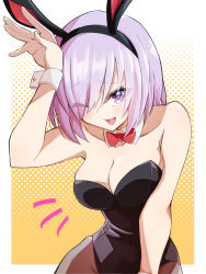 Rule 34 | 1girl, animal ears, black leotard, bow, bowtie, breasts, detached collar, fake animal ears, fate/grand order, fate (series), hair over one eye, hamao 1, highres, large breasts, leotard, mash kyrielight, one eye closed, open mouth, pantyhose, playboy bunny, purple eyes, purple hair, red bow, red bowtie, strapless, strapless leotard, wrist cuffs