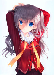 Rule 34 | 1girl, absurdres, arms up, black skirt, blue eyes, blush, charlotte (anime), collarbone, dress shirt, hair between eyes, highres, long hair, long sleeves, looking at viewer, midriff, na-ga, navel, pleated skirt, red shirt, sailor collar, sailor shirt, shirt, silver hair, simple background, skirt, solo, stomach, tomori nao, twintails, tying hair, upper body, white background, white sailor collar