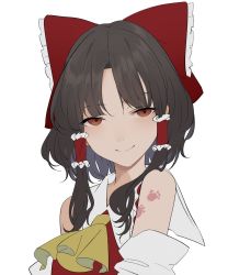 Rule 34 | 1girl, ascot, bare shoulders, bow, brown eyes, closed mouth, collar, collared dress, detached sleeves, dress, eyes visible through hair, frills, grey hair, hair ornament, hair tubes, hakurei reimu, highres, long sleeves, looking to the side, red bow, red dress, reeh (yukuri130), short hair, simple background, smile, solo, touhou, upper body, white background, wide sleeves, yellow ascot