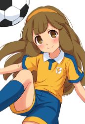 Rule 34 | 1girl, ball, blue shorts, blue socks, blush, brown eyes, brown hair, closed mouth, collared shirt, cowboy shot, feet out of frame, hairband, head tilt, highres, inazuma eleven (series), inazuma eleven go, long hair, looking at viewer, sekina, shirt, shorts, simple background, smile, soccer ball, socks, solo, white background, wing collar, yellow shirt
