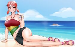 Rule 34 | 1girl, arm support, bangle, bare legs, bare shoulders, beach, blue sky, blush, bracelet, breasts, brown eyes, closed mouth, cloud, cloudy sky, collarbone, commentary, crop top, day, english commentary, full body, hand up, highres, horizon, jewelry, large breasts, log pose, looking at viewer, low twintails, midriff, nail polish, nami (one piece), navel, ocean, official alternate costume, official alternate hairstyle, one piece, one piece: strong world, orange hair, outdoors, pink footwear, pink nails, sand, sandals, short hair, short shorts, shorts, shoulder tattoo, single sidelock, sitting, sky, smile, solo, sweatdrop, tattoo, toenail polish, toenails, toes, triomegis, twintails, twitter username, yokozuwari
