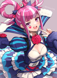 Rule 34 | 1girl, blue dress, breasts, cleavage, corset, dress, facial mark, fire emblem, fire emblem engage, flower, flower brooch, frilled dress, frills, gonzarez, hair rings, heart, heart facial mark, highres, hortensia (fire emblem), looking at viewer, multicolored hair, nintendo, pink eyes, pink hair, pointing, pointing at self, puffy sleeves, red flower, red rose, rose, small breasts, smile, solo, split-color hair, streaked hair, striped clothes, striped dress, upper body, vertical-striped clothes, vertical-striped dress, white hair