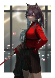 Rule 34 | 1girl, absurdres, animal ear fluff, animal ears, arknights, belt, black coat, black hair, black necktie, black shorts, blue hair, border, cigarette, coat, gloves, highres, holding, holding sword, holding weapon, indoors, long sleeves, looking at viewer, mouth hold, multicolored hair, necktie, night, official alternate costume, outside border, red eyes, red gloves, red shirt, shica deer, shirt, shorts, sidelocks, solo, standing, striped clothes, striped necktie, striped shorts, sword, texas (arknights), texas (willpower) (arknights), two-tone hair, unworn coat, vertical-striped clothes, vertical-striped shorts, watch, weapon, white border, window, wolf ears, wristwatch