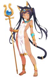 Rule 34 | 1girl, animal ear fluff, animal ears, anklet, arm support, black hair, blue eyes, breasts, cat ears, cat tail, dark-skinned female, dark skin, egyptian clothes, highres, jewelry, kamidan, long hair, looking at viewer, open mouth, original, pelvic curtain, simple background, sitting, small breasts, solo, tail, teeth, thighs, tongue, twintails, yellow bracelet