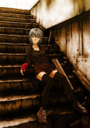 Rule 34 | 1girl, arm warmers, ayanami rei, belt, black thighhighs, blouse, blue hair, casual, heiyuen, highres, looking at viewer, neon genesis evangelion, red eyes, shirt, shoes, short hair, shorts, signature, sitting, sitting on stairs, sneakers, solo, stairs, thighhighs, zettai ryouiki