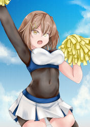 Rule 34 | 1girl, alternate costume, arm up, black bodysuit, bodysuit, breasts, brown hair, cheerleader, covered navel, cowboy shot, furutaka (kancolle), glowing, glowing eye, hair ornament, hairclip, highres, holding, holding pom poms, kantai collection, koru pera, medium breasts, miniskirt, open mouth, pleated skirt, pom pom (cheerleading), shirt, short hair, skirt, sleeveless, sleeveless shirt, solo, white skirt, yellow eyes