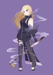 Rule 34 | 1girl, arms at sides, artist name, black gloves, black hoodie, blonde hair, breasts, closed mouth, cross-laced clothes, fingerless gloves, footwear request, full body, gera-magia, gloves, grey pants, highres, holding, holding smoking pipe, hood, hood down, hoodie, kiseru, long hair, magia record: mahou shoujo madoka magica gaiden, magical girl, mahou shoujo madoka magica, medium breasts, pants, parted bangs, pocket, purple eyes, sideboob, sleeveless, sleeveless hoodie, smoke, smoking pipe, solo, standing, toeless footwear, torn clothes, torn pants, yukino kanae
